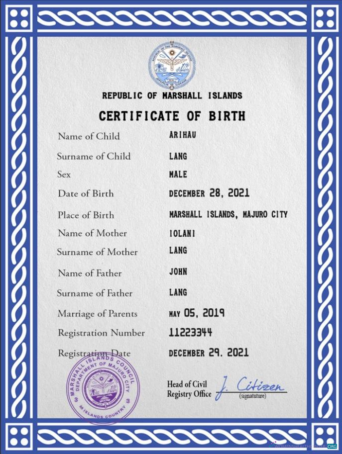 Download Marshall Islands vital record birth certificate PSD template Photoshop template